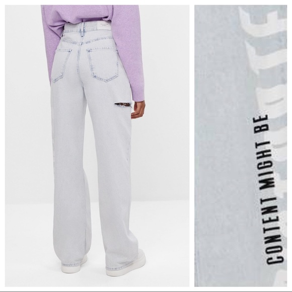 NWT. Bershka Straight Fit Light Blue Jeans With Side Rip and Graphic. Si… - Picture 4 of 4